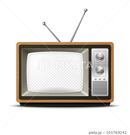 Vector Retro TV Receiver with Wooden Frame and Transparent Screen, Isolated. Home Interior Design Concept. Vintage TV Frame Design Template, Border. Television Concept. TV Set in Front View 103769242
