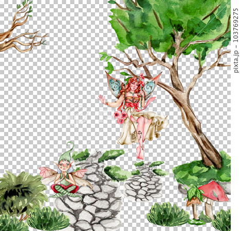 Composition with forest fairy, green tree and bushes . Watercolor hand drawn illustration . Perfect for greeting card, poster, wedding invitation, party decor. 103769275