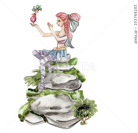 Composition with forest fairy, green tree and bushes . Watercolor hand drawn illustration . Perfect for greeting card, poster, wedding invitation, party decor. Composition with forest fairy, green tree and bushes . Watercolor hand drawn illustration . Perfect for greeting card, poster, wedding invitation, party decor. 103769285