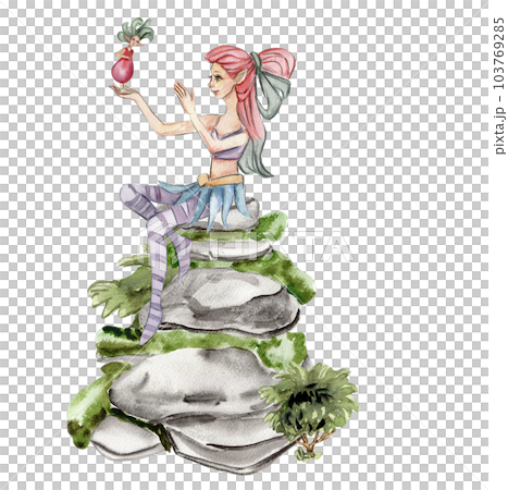 Composition with forest fairy, green tree and bushes . Watercolor hand drawn illustration . Perfect for greeting card, poster, wedding invitation, party decor. Composition with forest fairy, green tree and bushes . Watercolor hand drawn illustration . Perfect for greeting card, poster, wedding invitation, party decor. 103769285