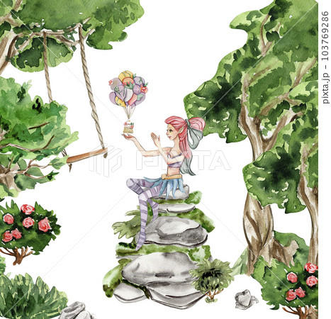 Composition with forest fairy, green tree and bushes . Watercolor hand drawn illustration . Perfect for greeting card, poster, wedding invitation, party decor. 103769286