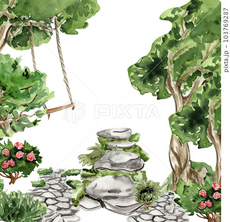 Composition with forest fairy, green tree and bushes . Watercolor hand drawn illustration . Perfect for greeting card, poster, wedding invitation, party decor. 103769287