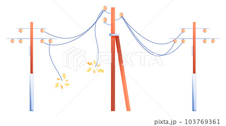 Electric line damage. Electrical power line towers with cut wires, electric energy tower construction with broken wires. Vector illustration 103769361