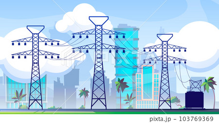 Electric line with pylons. Grid transmission system with towers and towers. Power network infrastructure vector concept Electric line with pylons. Grid transmission system with towers and towers. Power network infrastructure vector concept 103769369