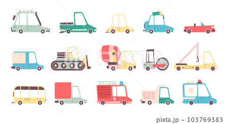 Kids transport collection. Cartoon childish vehicles for transportation, flat colorful auto transport, truck and bus icons. Vector isolated set Kids transport collection. Cartoon childish vehicles for transportation, flat colorful auto transport, truck and bus icons. Vector isolated set 103769383