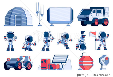 Astronaut and rover collection. Cartoon space exploration machines, shuttle spaceship and mars rover, weightlessness and universe colonization. Vector set 103769387