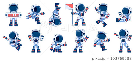 Astronaut character set. Cartoon space explorers in different poses, cosmic spacemen in suits and helmets, astronaut characters in spacesuits. Vector set 103769388