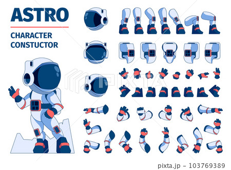 Astronaut constructor kit. Cartoon space character body parts for animation sequence, arms legs and heads, astronauts in spacesuits. Vector sprite collection Astronaut constructor kit. Cartoon space character body parts for animation sequence, arms legs and heads, astronauts in spacesuits. Vector sprite collection 103769389