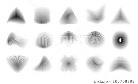 Halftone shapes. Abstract linear dot pattern, perspective geometric figures and forms, abstract mosaic objects for wallpaper design. Vector isolated collection Halftone shapes. Abstract linear dot pattern, perspective geometric figures and forms, abstract mosaic objects for wallpaper design. Vector isolated collection 103769395