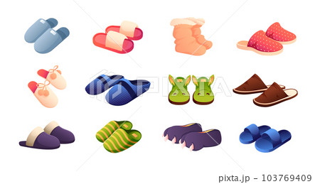 Home shoes. Cartoon flat domestic foot wear, fluffy slipper and cozy shoes, trendy stylish comfort footwear. Vector isolated collection 103769409