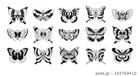 Black butterfly stickers. Realistic flying monarch and moth butterfly silhouettes, abstract animal flying insects icons. Vector isolated set 103769410