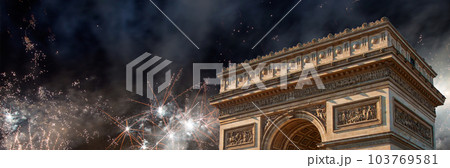 Celebratory colorful fireworks over the Arc de Triomphe, Paris, France Celebratory colorful fireworks over the Arc de Triomphe, Paris, France 103769581