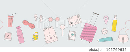 Seamless vector border with girly travel elements. Bright luggage, sleep mask, water. Seamless vector border with girly travel elements. Bright luggage, sleep mask, water. 103769633