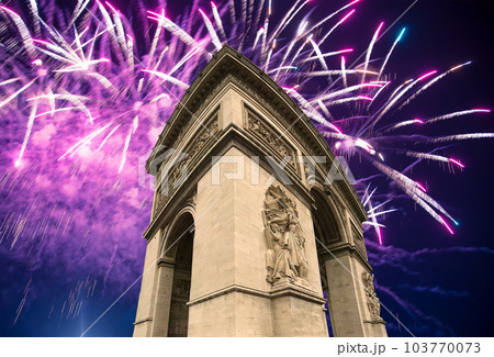Celebratory colorful fireworks over the Arc de Triomphe, Paris, France Celebratory colorful fireworks over the Arc de Triomphe, Paris, France 103770073