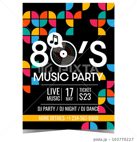 Party poster for techno retro music event. Vector illustration of 80's retro style design template with vinyl record suitable for live music disco dance night invitation, promotion banner or flyer. 103770227