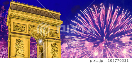 Celebratory colorful fireworks over the Arc de Triomphe, Paris, France 103770331