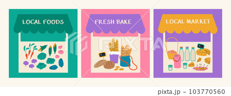 Set of illustrations of the local market. Fair of homemade products. Vegetables and fruits, fresh baked goods, dairy and eggs. Tents for trade in the market. 103770560
