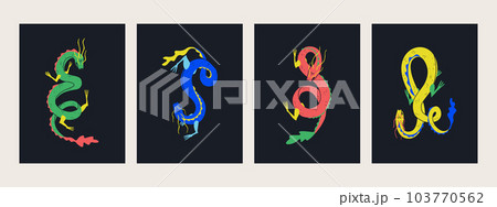 Set of Asian and Chinese mythological characters - dragons. Multicolored decorative illustrations on a black background. Set of Asian and Chinese mythological characters - dragons. Multicolored decorative illustrations on a black background. 103770562