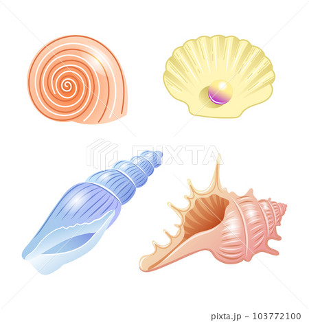 Set of vector illustrations of sea shells of different shapes and colors in cartoon style Set of vector illustrations of sea shells of different shapes and colors in cartoon style 103772100