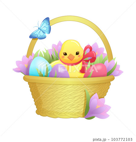 Vector illustration of an Easter chicken in a basket with crocuses and colored eggs in gentle colors 103772103