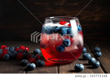 Freshness cocktails in USA flag color with strawberry and blueberry, ice cube. Generative AI. 103772188
