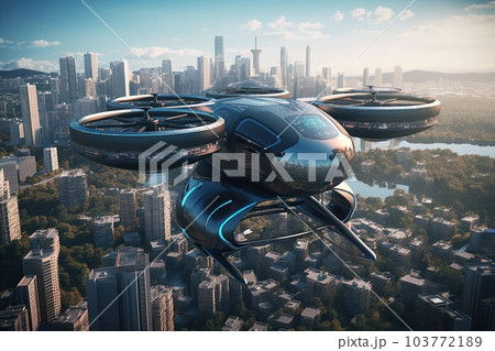 Autonomous aerial driverless future fly in modern city. Generative AI. 103772189