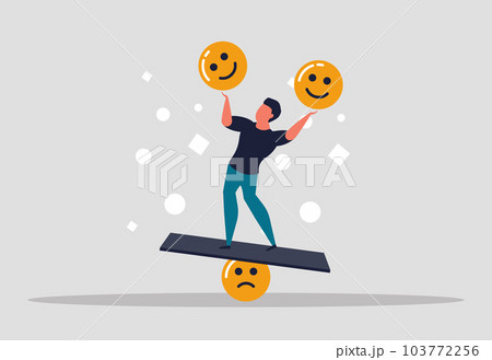 A sense of balance over human emotions. A man who controls himself and his emotions. Coping with stress and happy people. A man balances on a panel and holds a smiling face. Vector illustration 103772256