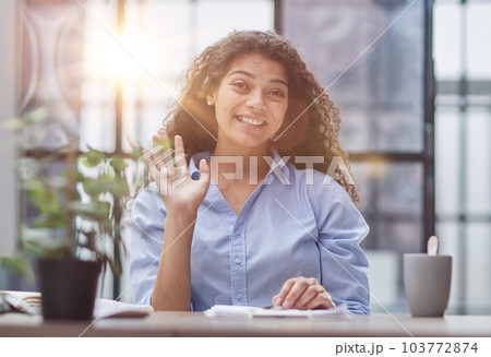 Brunette business woman using headset to communicate and advise people in customer service office. 103772874