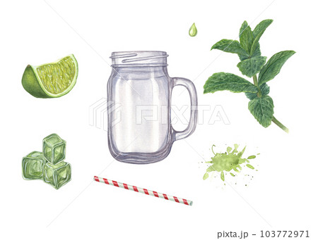 Set of watercolor ingredients for refreshing mojito isolated on white background. Food illustration of Lime slice, Mint, Ice cubes, drinking Straw, glass Jar, tonic Drops. 103772971