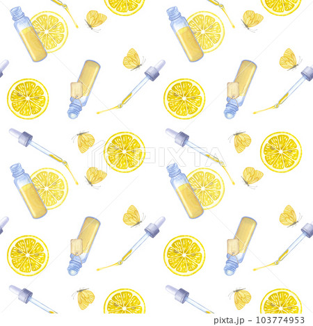 Seamless pattern yellow lemon essential oil. Blue glass bottle pipette and half citrus fruit. Hand drawn watercolor illustration on white background. For textile, print, greeting cards, wrapping paper 103774953
