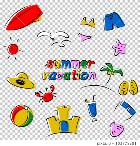 Line drawing illustration set of items used for sea bathing Line drawing illustration set of items used for sea bathing 103775281