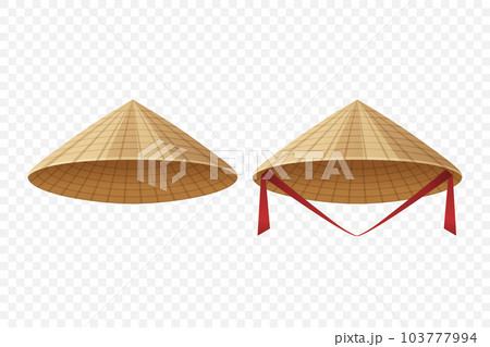 Vector Chinese, Asian, Vietnamese Traditional Conical Straw Hat Icon Set Closeup Isolated. Vietnamese Triangle Nonla Hat. Non La Headdress. Vietnamese Symbol. Hand-Drawn Flat Illustration. Front View 103777994