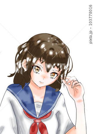 上目遣いで髪をいじる女子高生 103778016
