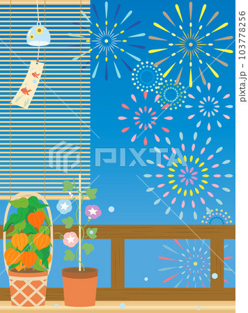 花火と朝顔とホオズキと風鈴と簾の夏の夜をイメージしたイラスト　縦型バージョン 103778256