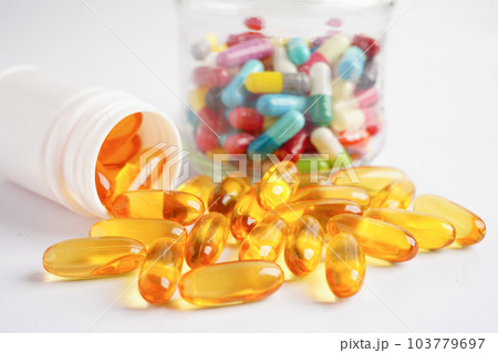 Drug capsule pill from drug prescription in drugstore, pharmacy for treatment health medicine. 103779697
