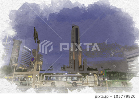 水彩画風　浜松市街地　浜松駅北口駅前　静岡県浜松市 103779920