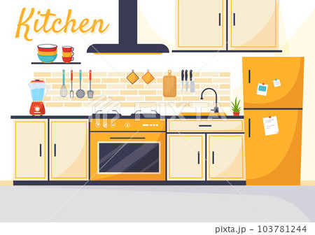 Kitchen Architecture Vector Illustration with Furniture and Interior such as Table, Stove and Fridge in Flat Cartoon Hand Drawn Background Templates Kitchen Architecture Vector Illustration with Furniture and Interior such as Table, Stove and Fridge in Flat Cartoon Hand Drawn Background Templates 103781244