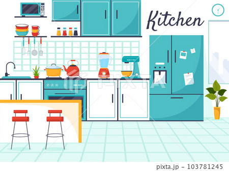 Kitchen Architecture Vector Illustration with Furniture and Interior such as Table, Stove and Fridge in Flat Cartoon Hand Drawn Background Templates Kitchen Architecture Vector Illustration with Furniture and Interior such as Table, Stove and Fridge in Flat Cartoon Hand Drawn Background Templates 103781245
