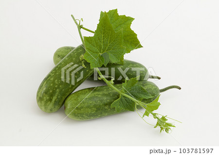 Wax gourd also known as ash gourd or winter melon on a white background with leaf. Winter melon contains a very high content of vitamin B2, so eating squash helps reduce the risk of eye disorders. 103781597
