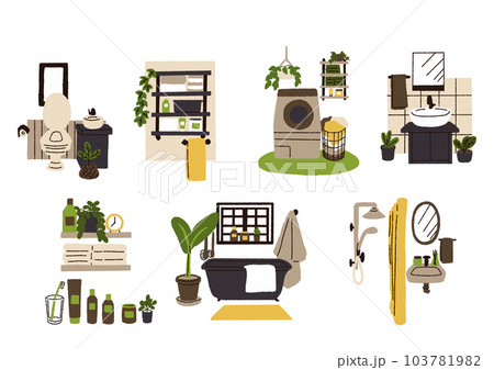 水回りのインテリアのイラストセット コミカルな手書きのイラスト 水回りのインテリアのイラストセット コミカルな手書きのイラスト 103781982