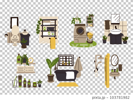 水回りのインテリアのイラストセット コミカルな手書きのイラスト 水回りのインテリアのイラストセット コミカルな手書きのイラスト 103781982