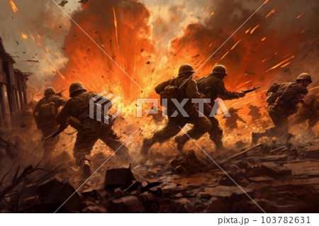 激しい砲撃の中突撃する兵士達:AI作品 激しい砲撃の中突撃する兵士達:AI作品 103782631