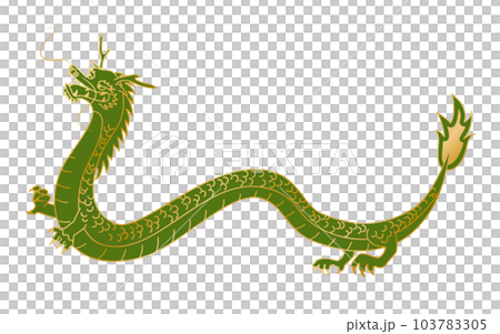 Full-body illustration of a green sideways dragon drawn with gold lines Full-body illustration of a green sideways dragon drawn with gold lines 103783305