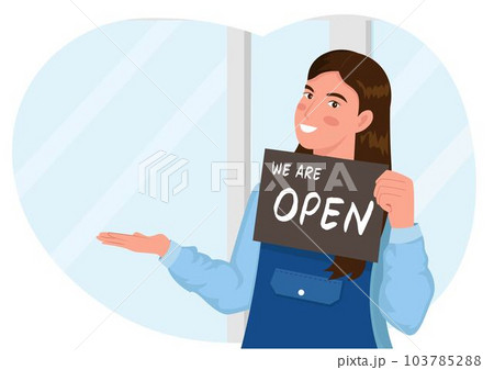 Happy female waitress holding open sign while standing at cafe or restaurant door. vector illustration 103785288