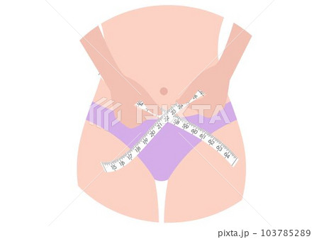 Slim woman measuring her waist with metric tape after eating Isolated on white background.Vector illustration 103785289