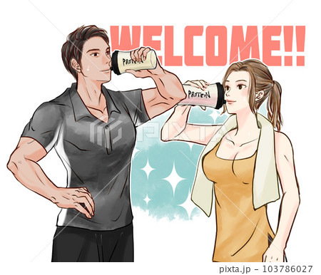 プロテインを飲む男女のジムトレーナー 103786027