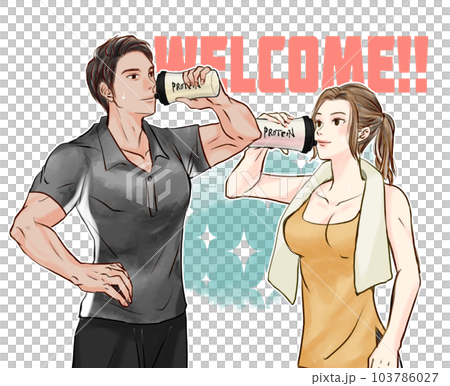 プロテインを飲む男女のジムトレーナー 103786027