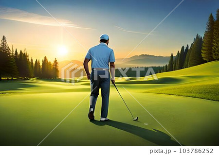 Man playing golf on a green lawn Man playing golf on a green lawn 103786252