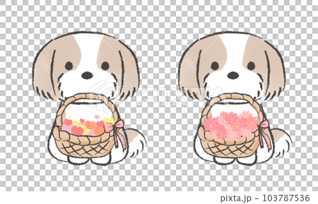 一個簡單的手繪西施犬插圖，一個有心的籃子，一個籃子嘴裡放著花 103787536