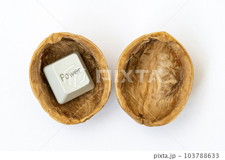 Cracked walnut shell with a computer POWER button Cracked walnut shell with a computer POWER button 103788633